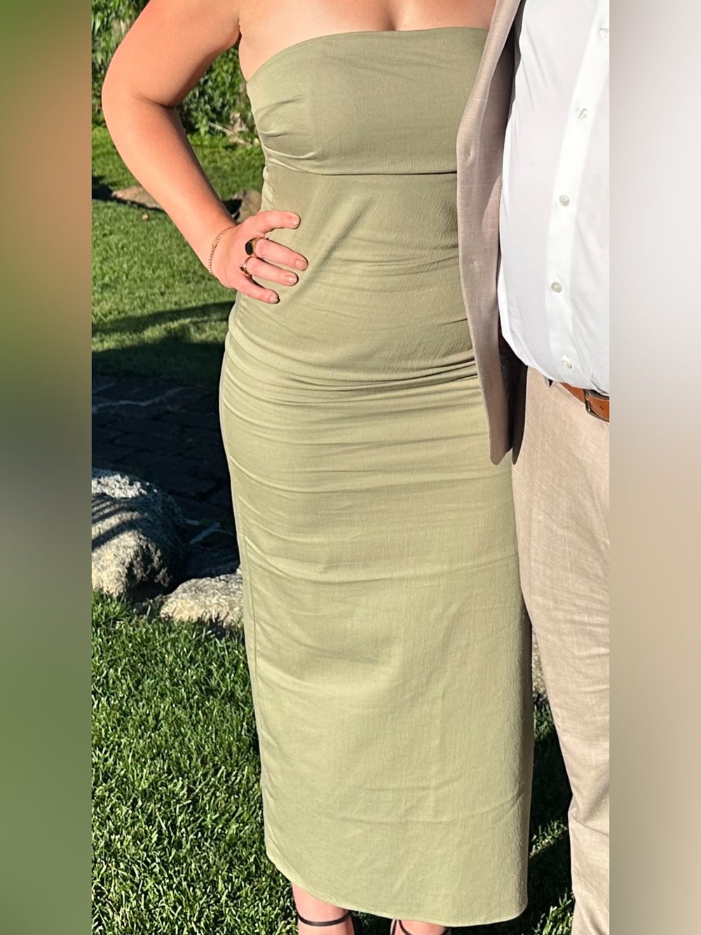Zara Olive Strapless Maxi Skirt with Side Slit size L